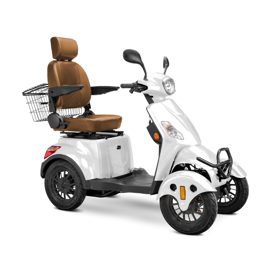 The Bespoke Prestige Recreational 4-Wheel Scooter, shown at a three-quarter angle, features a white body, 600-watt motor, brown cushioned adjustable seat with headrest and armrests, handlebars, front headlight, and rear metal basket.